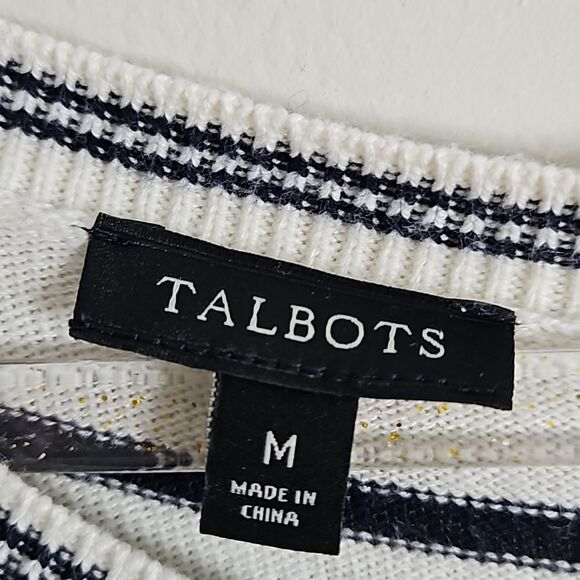 TALBOTS Ivory Hello Sequin Button-Back Crewneck Sweater Medium Black Striped - Picture 4 of 12